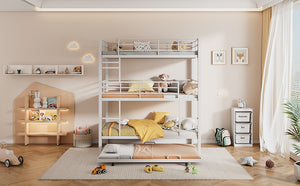 English Elm Metal Triple Twin Bunk Bed with Trundle White – Heavy-Duty Steel Frame, Space-Saving, Guardrails, 78.7"H Antique White GX000647AAK