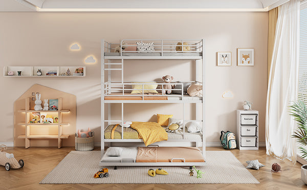 English Elm Metal Triple Twin Bunk Bed with Trundle White – Heavy-Duty Steel Frame, Space-Saving, Guardrails, 78.7"H Antique White GX000647AAK