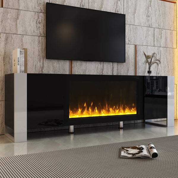 English Elm On-trend Gloss Media Console with Built-in Electric Fireplace for Living Rooms Black SD000029AAB