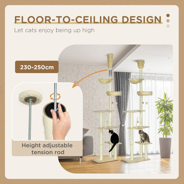 English Elm Pawhut Floor to Ceiling Adjustable Cat Tower with Sisal Posts Hammock and Plush Bed W2225P166369