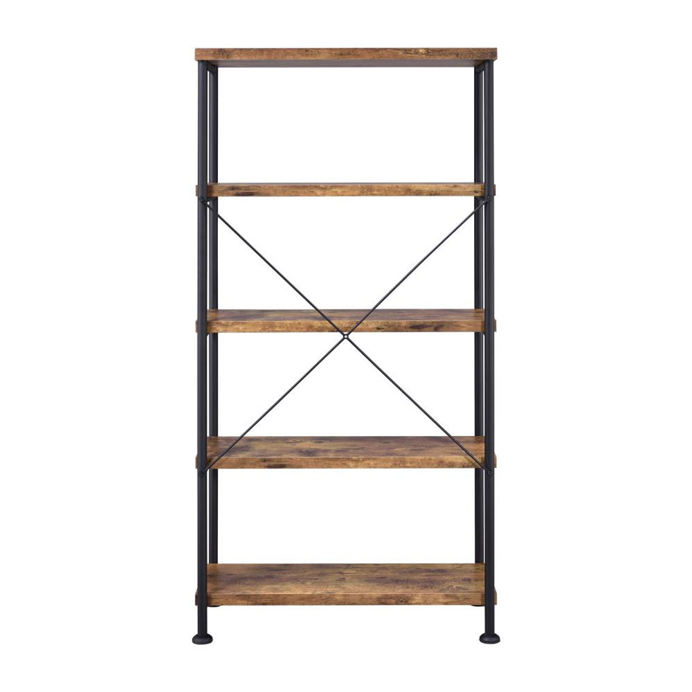 English Elm 5-Shelf Contemporary Tall Bookcase in Antique Nutmeg & Black — Space-Saving 5-Tier Display Shelf Unit for Living Room Office Bedroom Organization and Style B016P164659