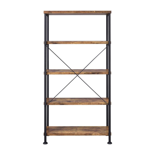 English Elm 5-Shelf Contemporary Tall Bookcase in Antique Nutmeg & Black — Space-Saving 5-Tier Display Shelf Unit for Living Room Office Bedroom Organization and Style B016P164659