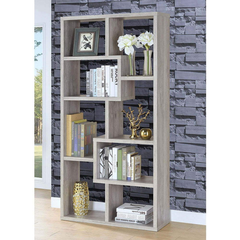 English Elm 10-Shelf Geometric Bookcase Grey Driftwood Finish — Tall Puzzle Shelving, 8 Compartments for Books, Decor B016P164185