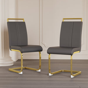 English Elm Modern Dining Chairs Set Of 2 - Stylish Grey Pu Leather High Back With Gold-Plated Legs For Comfort W2189133307
