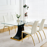 Hearth and Haven Modern Simple Table and Chair Set, One Table and Four Chairs. Transparent Tempered Glass Table Top, Solid Base. Gold Plated Metal Chair Legs (Set Of 5) W210S00086