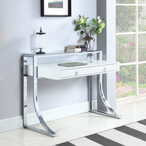 English Elm 2-Drawer Glossy White Writing Desk with Chrome Accents, Two Drawers & Shelf for Organized Workspaces B016S00011