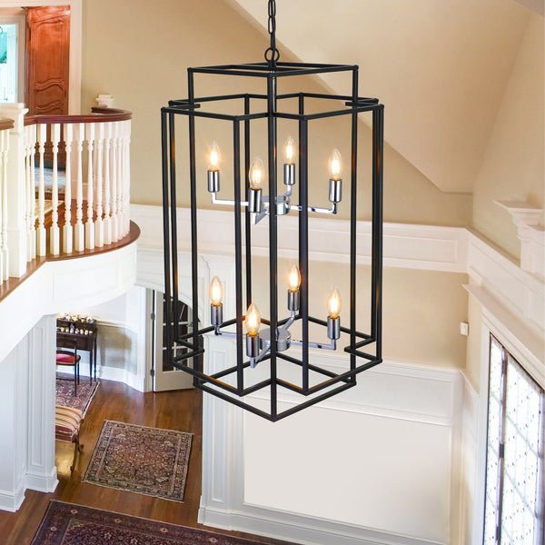 English Elm NEW Black Geometric Foyer Chandelier with Chromium Base, Adjustable 60" Boom for High Ceilings (30.3x18.5) W1340142525