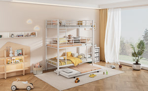 English Elm Metal Triple Twin Bunk Bed with Trundle White – Heavy-Duty Steel Frame, Space-Saving, Guardrails, 78.7"H Antique White GX000647AAK