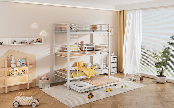English Elm Metal Triple Twin Bunk Bed with Trundle White – Heavy-Duty Steel Frame, Space-Saving, Guardrails, 78.7"H Antique White GX000647AAK