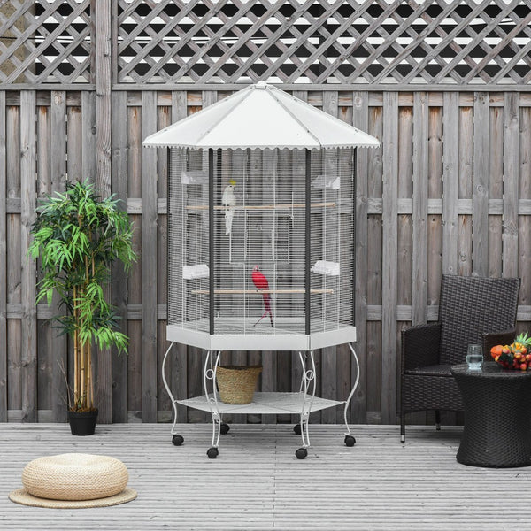 English Elm Pawhut 77 Inch Hexagonal Flight Aviary Iron Cage Rolling Stand Storage Shelf W2225P166447