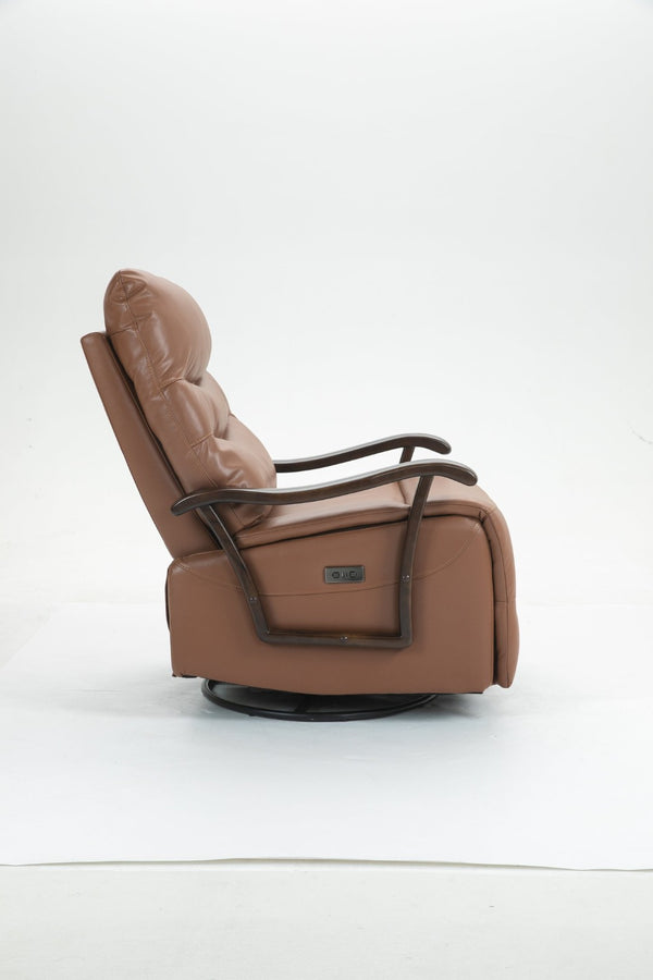 English Elm Swivel Power Recliner with Wood Armrests Faux Leather Lounge Chair for Living Room W547P147307