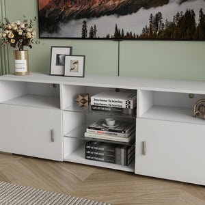 English Elm Tv Stand with Rgb Led Lighting Matte White Media Console Glass Shelves Gaming Room W2301P143103