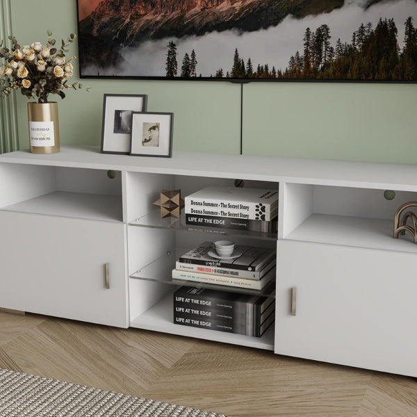 English Elm Tv Stand with Rgb Led Lighting Matte White Media Console Glass Shelves Gaming Room W2301P143103