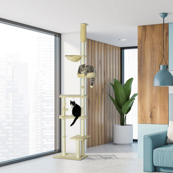 English Elm Pawhut Floor to Ceiling Adjustable Cat Tower with Sisal Posts Hammock and Plush Bed W2225P166369