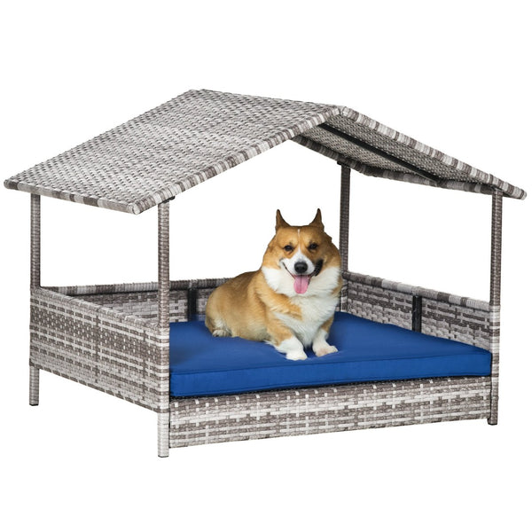 English Elm Pawhut Wicker Dog House With Canopy, Comfortable Rattan Bed For Small & Medium Dogs, Dark Blue Style W2225P166379-GIGA
