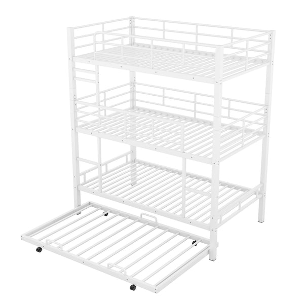 English Elm Metal Triple Twin Bunk Bed with Trundle White – Heavy-Duty Steel Frame, Space-Saving, Guardrails, 78.7"H Antique White GX000647AAK