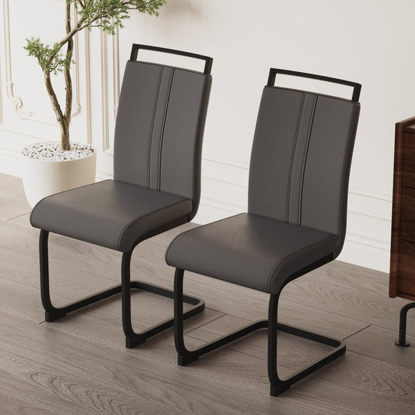 English Elm Modern Dining Chairs Set Of 2 - Grey Pu Faux Leather High Back With Stylish C-Shaped Black Legs W2189138540