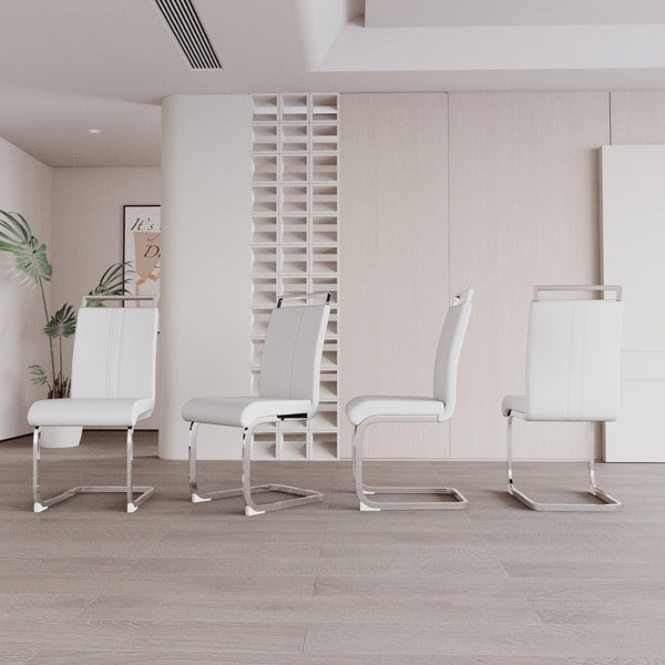 English Elm 63 Inch Cream Mdf Dining Set with Pu Chairs and Silver Metal Bases Seats Four W2189S00904