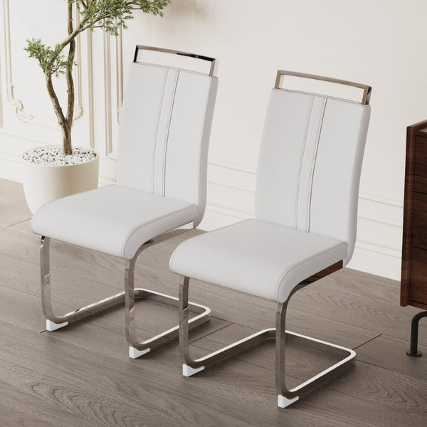 English Elm Modern High Back Pu Leather Dining Chairs Set of 4 with Chrome C Legs Cushioned White W2189S00815