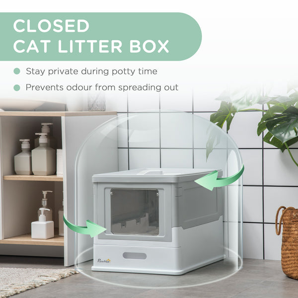English Elm PawHut Enclosed Cat Litter Box with Scoop, Odor-Blocking Hooded Pet Toilet, Top Entry & Slide Tray Gray W2225P166349