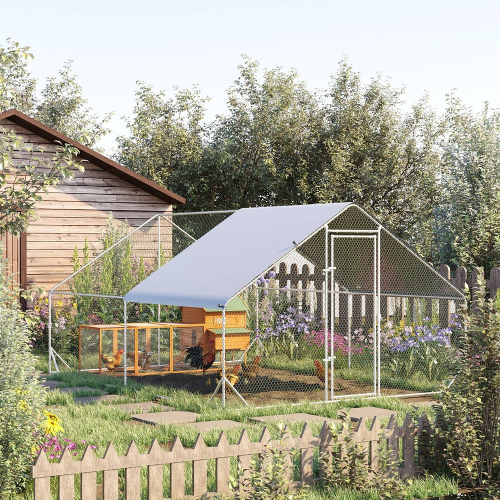English Elm Pawhut Walk in Galvanized Steel Chicken Run with Spire Roof Cover for Backyard Flocks W2225P166337