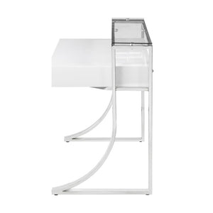 English Elm 2-Drawer Glossy White Writing Desk with Chrome Accents, Two Drawers & Shelf for Organized Workspaces B016S00011