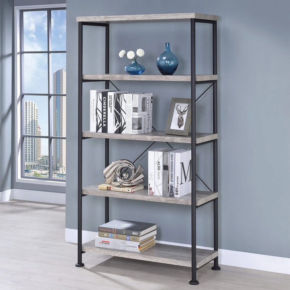 English Elm 4-Shelf Industrial Bookcase With Grey Driftwood & Black Metal Frame - Stylish Storage For Any Room B016P164663