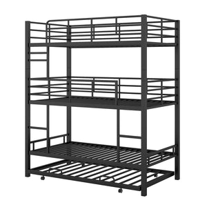 English Elm Metal Triple Twin Bunk Bed with Trundle White – Heavy-Duty Steel Frame, Space-Saving, Guardrails, 78.7"H Antique Black GX000647AAB