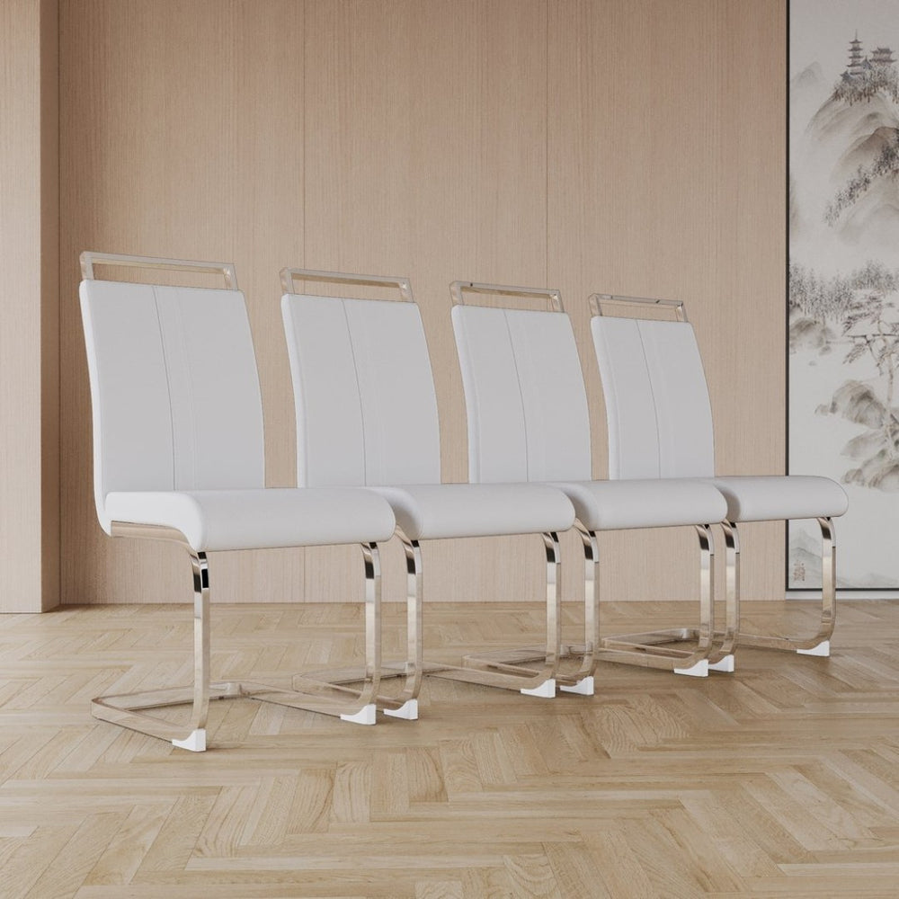 English Elm Modern High Back Pu Leather Dining Chairs Set of 4 with Chrome C Legs Cushioned White W2189S00815