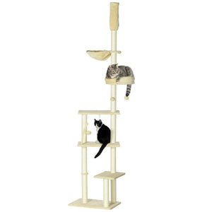 English Elm Pawhut Floor to Ceiling Adjustable Cat Tower with Sisal Posts Hammock and Plush Bed W2225P166369