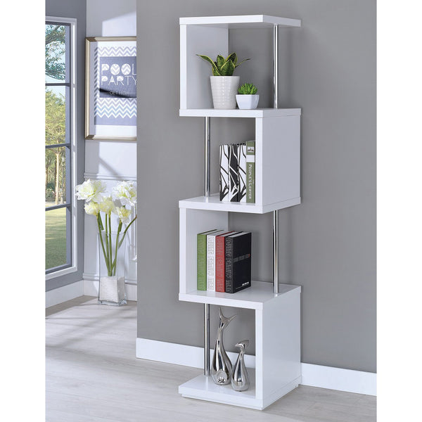 English Elm Rectangular White 4-Shelf Bookcase with Chrome Steel Supports — Modern Compact Tiered Storage for Office Decor B016P164200