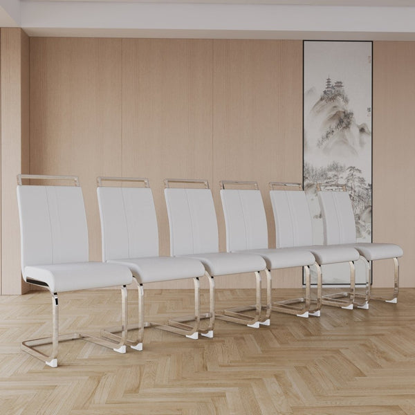 English Elm 63 Inch Cream Mdf Dining Table Set with Pu Chairs Silver Legs Modern 7 Piece W2189S00824