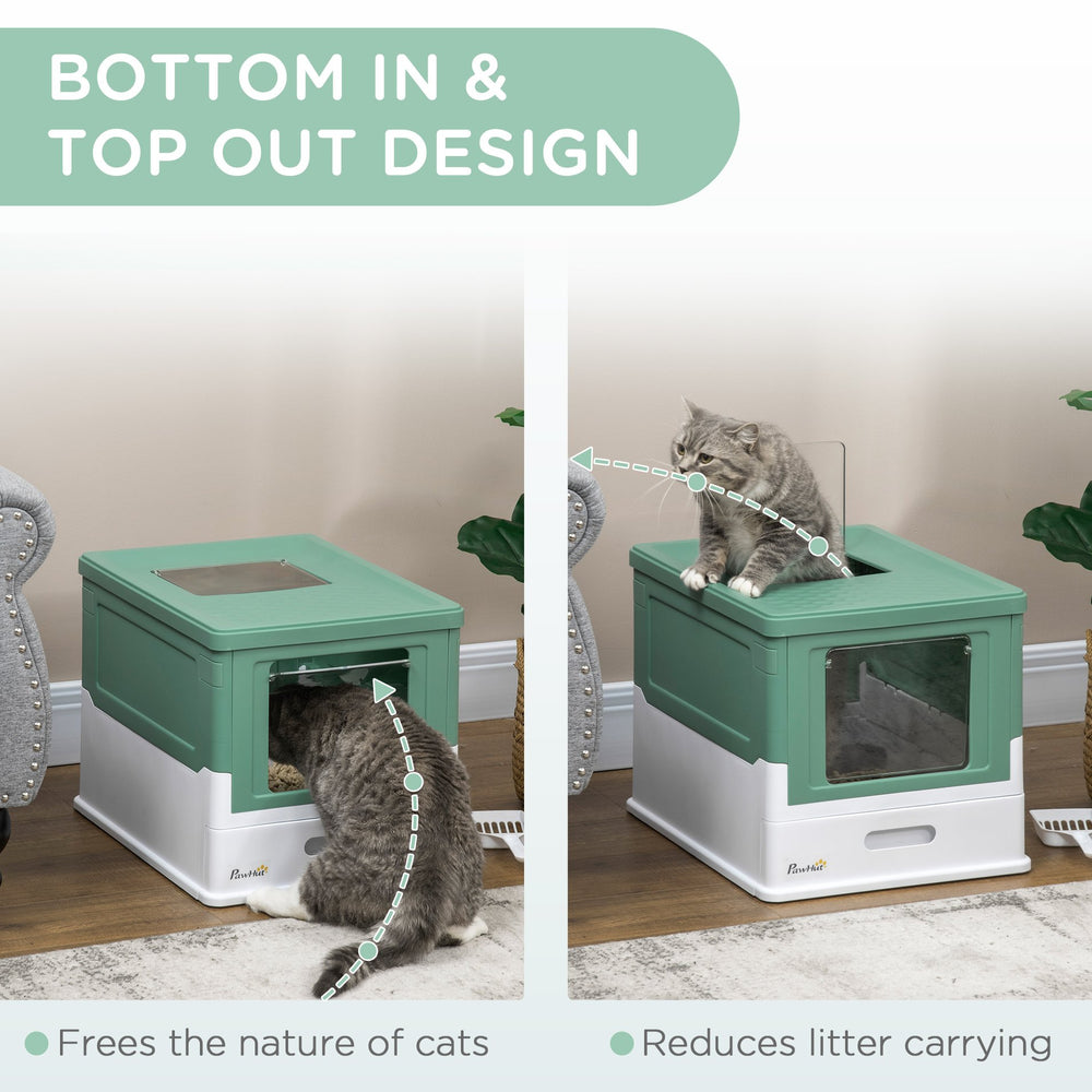 English Elm PawHut Enclosed Cat Litter Box with Scoop, Odor-Blocking Hooded Pet Toilet, Top Entry & Slide Tray Green W2225P166348