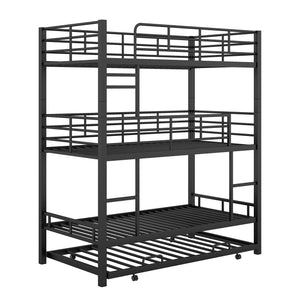 English Elm Metal Triple Twin Bunk Bed with Trundle White – Heavy-Duty Steel Frame, Space-Saving, Guardrails, 78.7"H Antique Black GX000647AAB