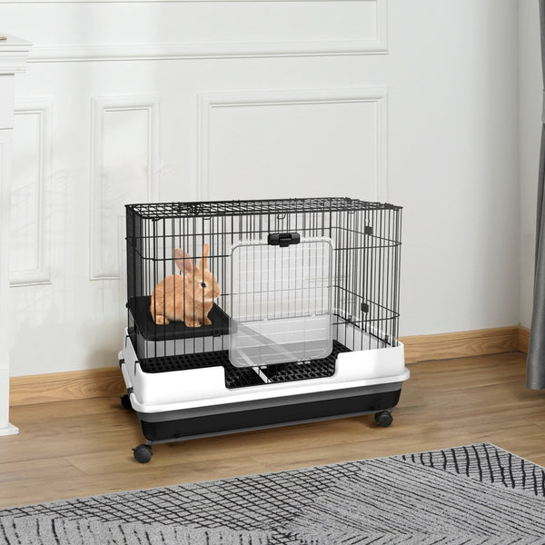 English Elm Pawhut Two Level Indoor Small Animal Hutch with Wheels Ramp and Slide Out Tray W2225P166403