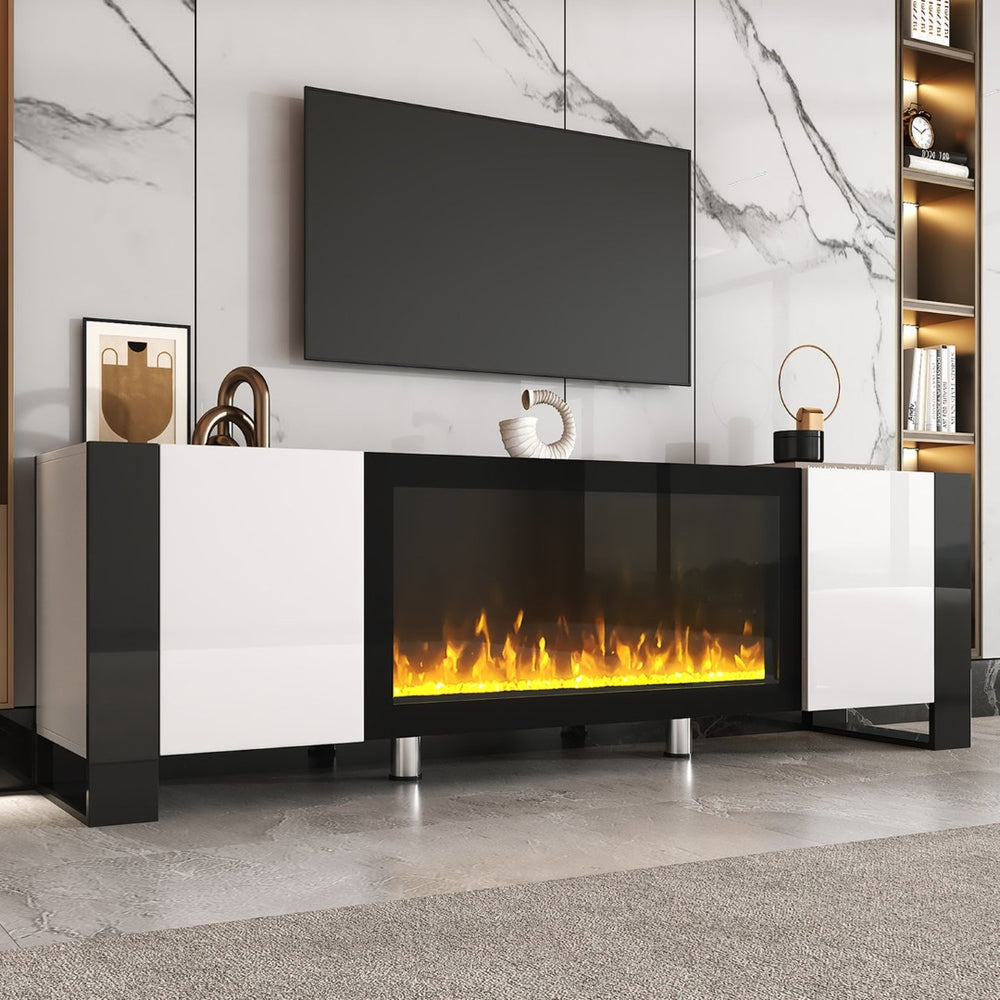 English Elm On-trend Gloss Media Console with Built-in Electric Fireplace for Living Rooms White SD000029AAK