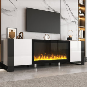 English Elm On-trend Gloss Media Console with Built-in Electric Fireplace for Living Rooms White SD000029AAK