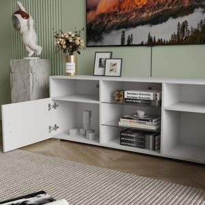 English Elm Tv Stand with Rgb Led Lighting Matte White Media Console Glass Shelves Gaming Room W2301P143103