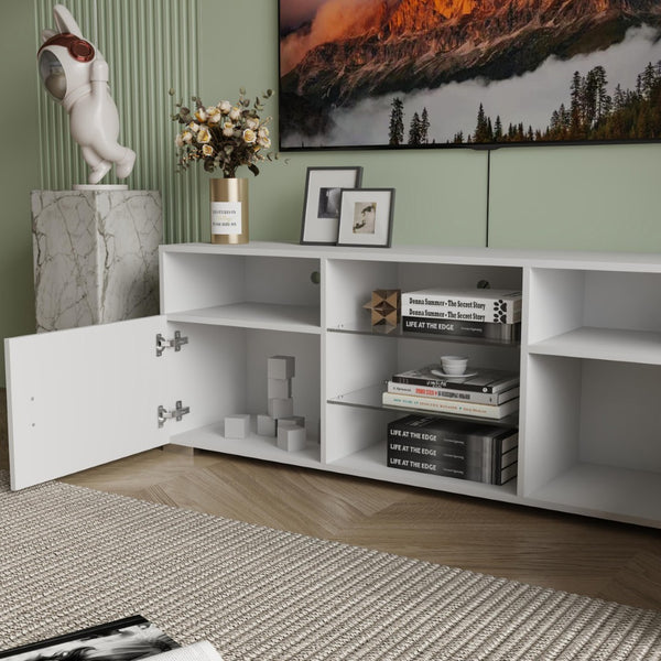 English Elm Tv Stand with Rgb Led Lighting Matte White Media Console Glass Shelves Gaming Room W2301P143103