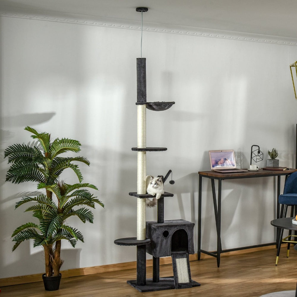 English Elm Pawhut Floor to Ceiling Cat Tower with Sisal Posts Hammock Perch and Hanging Toy W2225P166362