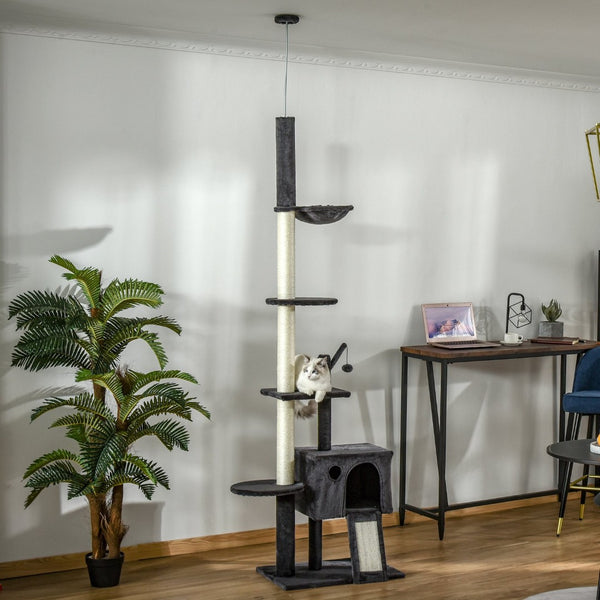English Elm Pawhut Floor to Ceiling Cat Tower with Sisal Posts Hammock Perch and Hanging Toy W2225P166362