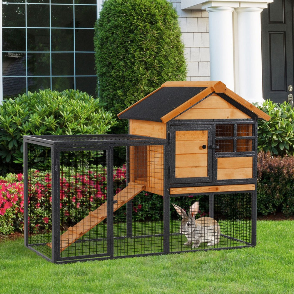 English Elm Pawhut Two Level Fir Wood Outdoor Rabbit Hutch with Weatherproof Roof and Removable Tray W2225P166396