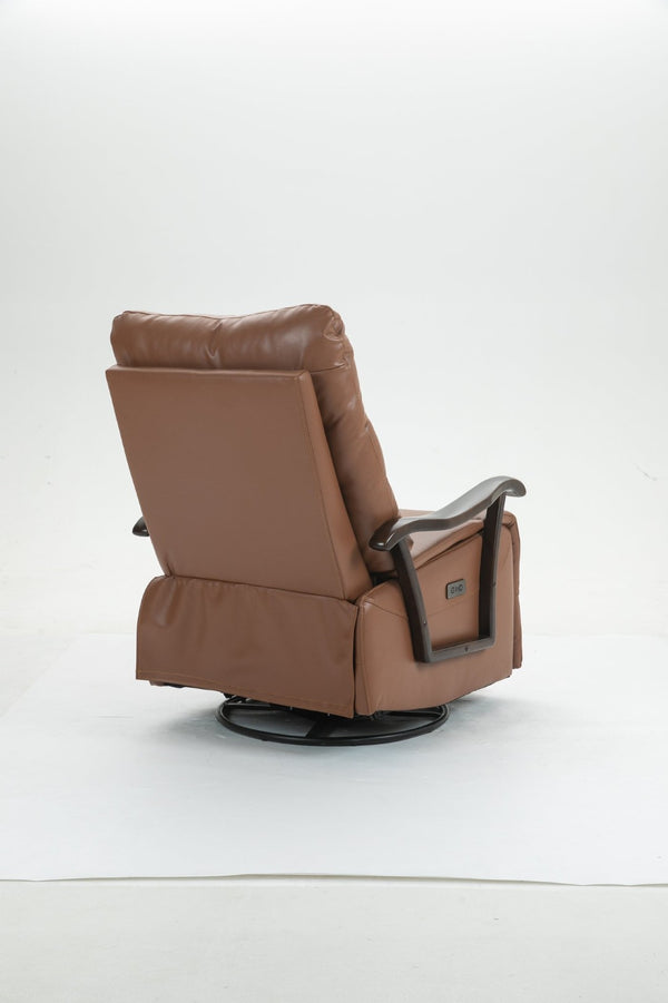 English Elm Swivel Power Recliner with Wood Armrests Faux Leather Lounge Chair for Living Room W547P147307