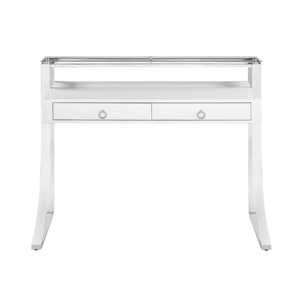English Elm 2-Drawer Glossy White Writing Desk with Chrome Accents, Two Drawers & Shelf for Organized Workspaces B016S00011