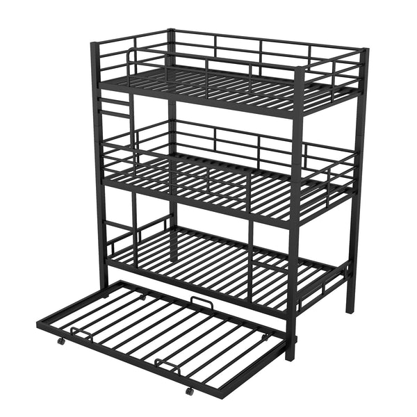English Elm Metal Triple Twin Bunk Bed with Trundle White – Heavy-Duty Steel Frame, Space-Saving, Guardrails, 78.7"H Antique Black GX000647AAB