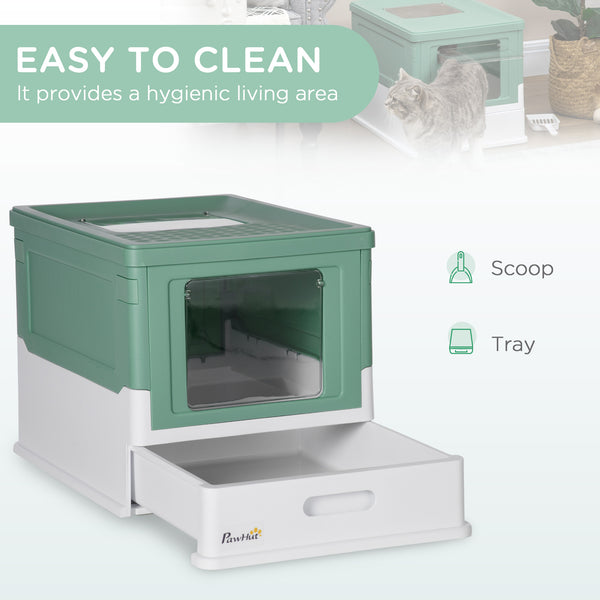 English Elm PawHut Enclosed Cat Litter Box with Scoop, Odor-Blocking Hooded Pet Toilet, Top Entry & Slide Tray Green W2225P166348