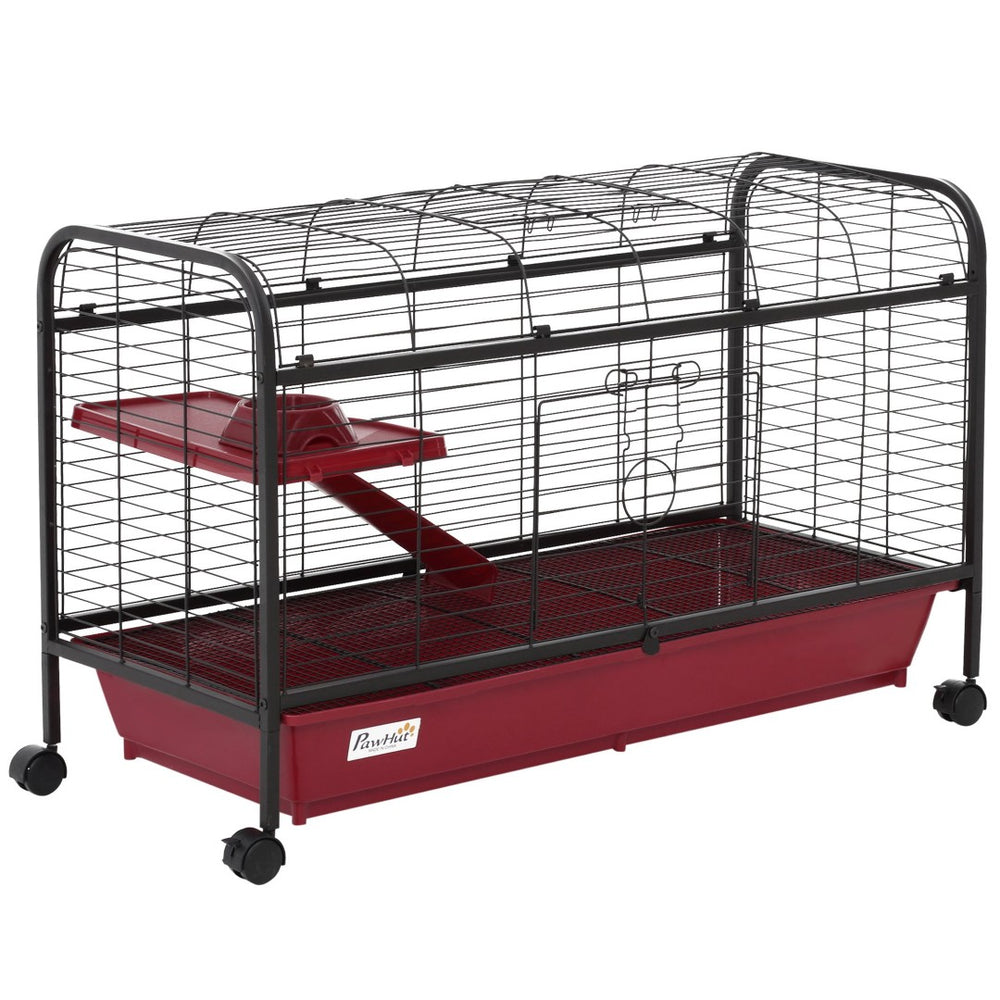 English Elm Pawhut Two Level Ferret Rabbit Enclosure with Rolling Wheels Ramp and Feeder W2225P166406