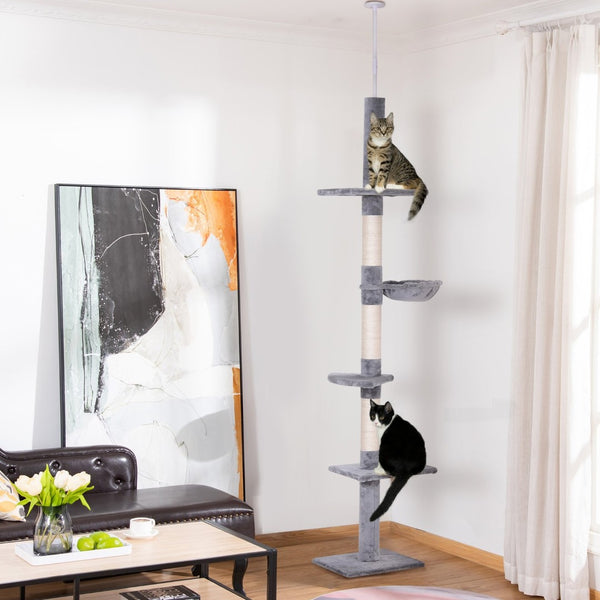 English Elm Pawhut Tension Mounted Floor to Ceiling Cat Tree Five Carpeted Tiers Sisal Posts W2225P166359