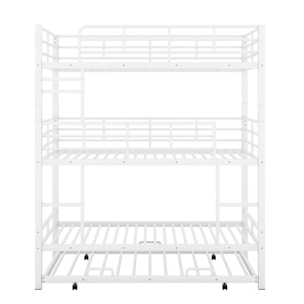 English Elm Metal Triple Twin Bunk Bed with Trundle White – Heavy-Duty Steel Frame, Space-Saving, Guardrails, 78.7"H Antique White GX000647AAK