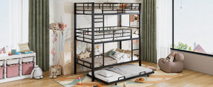 English Elm Metal Triple Twin Bunk Bed with Trundle White – Heavy-Duty Steel Frame, Space-Saving, Guardrails, 78.7"H Antique Black GX000647AAB